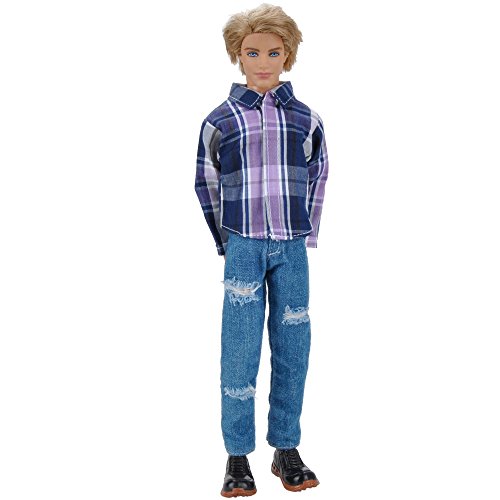 E-TING Casual Wear Plaid Shirt Long Sleeved T-shirt Jeans Pants Trousers Doll Clothes For Barbie Fashionistas Ken Doll (006#PB)