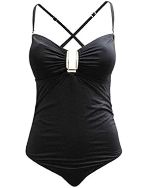 Womens Hardware Shirred Bandeau One-Piece Swimsuit Black 12