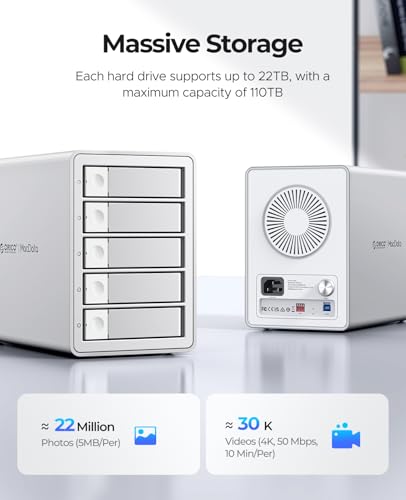 ORICO RAID Enclosure 5 Enclosure for 2.5/3.5 Inch SATA HDD/SSD Hard Drives Up to 5 x 22TB, USB 3.0 Aluminium Hard Drive Docking Station, Supports RAID 0/1/5/10/PM (9958RU3)