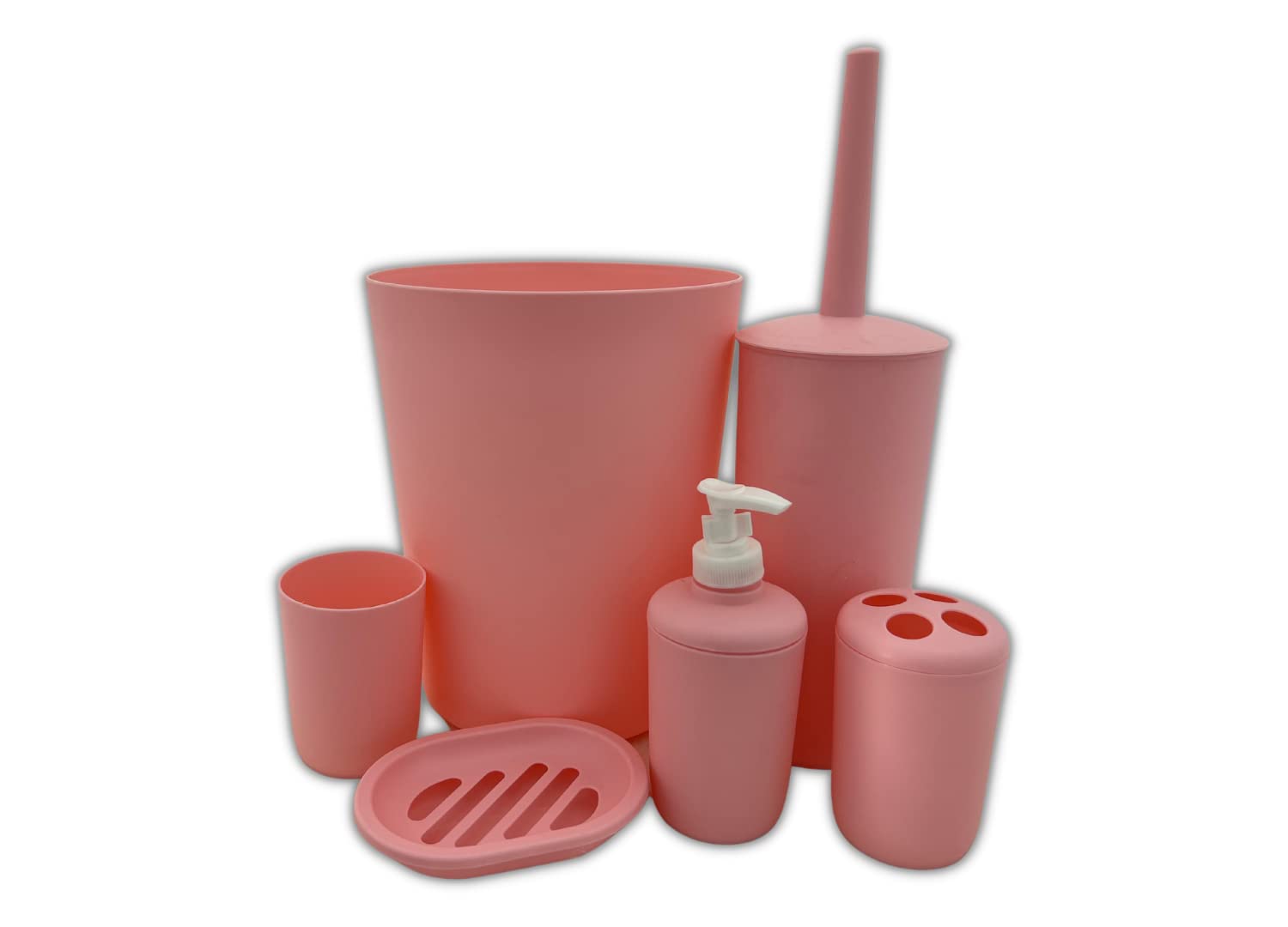 SHINE BATHROOM SET 6 PIECE ACCESSORY BIN SOAP DISH DISPENSER TUMBLER TOOTHBRUSH HOLDER (PALE PINK)
