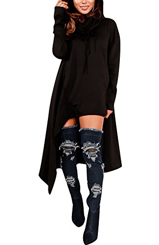 Womens Irregular Hem Loose Fitting Tops Long Sleeve Hooded Sweater Tunic Dress Black