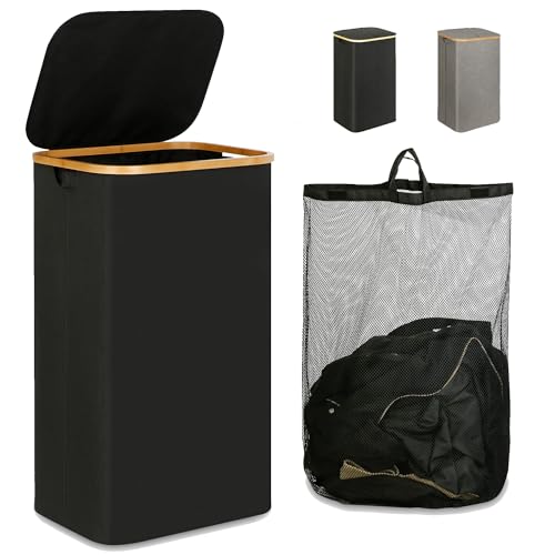 LIKYO Cesto de la Ropa Portátil Grande de 105L con Tapa Cesto de la Ropa Plegable con Tapa Ahorra Espacio en Taquillas, Dormitorios y Lavanderías, Adecuado Para Viajar, uso Doméstico（Negro）