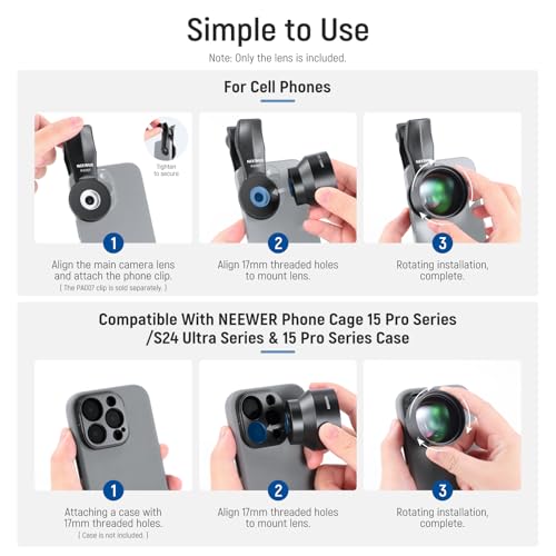 NEEWER HD 105mm Macro Lens Only for 17mm Thread Backplate, Compatible with SmallRig NEEWER iPhone Samsung Phone Cage Case with 17 mm Lens Adapter, 46mm Front Thread, LS-26