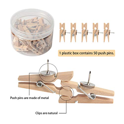 HAPY SHOP 50 Pieces Push Pins with Wooden Clips Pushpins Tacks Thumbtacks for Cork Boards Artworks, Notes Photos, Craft Projects, Offices and Homes Wall Decoration, Wood