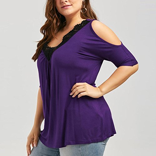 FEITONG Fashion Womens Plus Size T-Shirt Lace Trim V Neck Cold Shoulder Tops Blouse, XL-5XL(XXX-Large,Purple)
