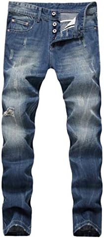 OKilr Pjik Men's Blue Slim Straight Fit Distressed Ripped Elastic Tapered Leg Denim Jeans 32