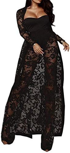 Womens 3 Piece Jumpsuit Outfits Crop Top Wide Leg Long Pants Set Sexy Mesh See Through Lace Cover up Cardigans with Belt
