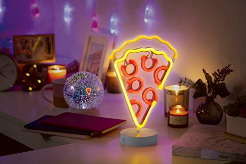 Merkury Innovations 12" Pizza Multi-Color LED Lights Neon Signs Mood Light with Pedestal, Battery Operated Night Light Bedroom Decorations Lamp Home Party Decorations and Home Decor, Multi-Color