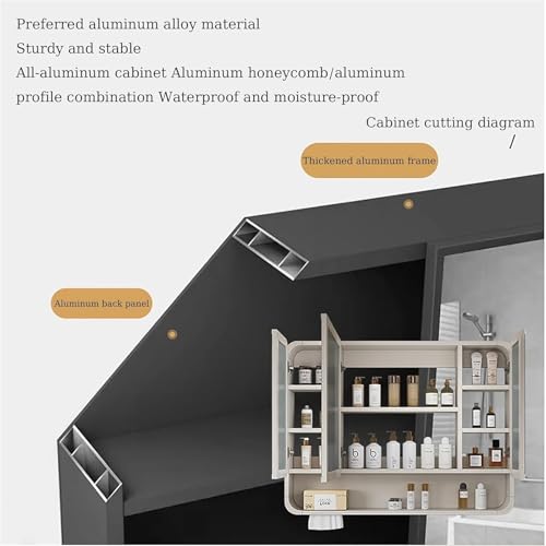 Botiquín con espejo para baño, Espejo de baño con almacenamiento, botiquín LED montado en la pared de aluminio, antivaho, atenuación continua, gabinete con espejo de tocador for baño(White,90x13x51cm)