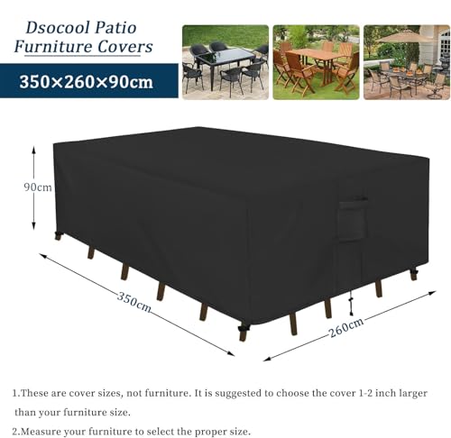 Dsocool 600D Patio Furniture Covers, 100% Waterproof Patio Table Cover, Heavy Duty Oxford Cloth Outdoor Table Cover, with Handles, Vents and Buckles, UV-Resistant (Black, 350×260×90cm)