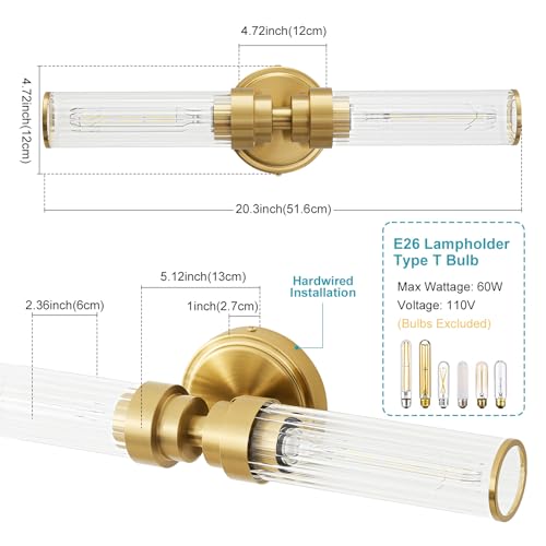 Vaziden - Lámpara de pared dorada para baño, 2 unidades, lámpara de cambiador de vidrio roscada, iluminación moderna para baño, sala de estar, pasillo, recámara