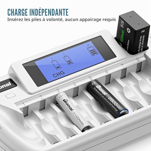 BONAI 8+1 Slots LCD Battery Charger, Universal AA/AAA/9V Ni-MH, Smart LCD Display, Independent Charging, Built-in Discharge Function