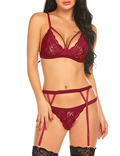 Gladiolus Women Sexy Lingerie with Garter Belt Lace Bra Panty Set Babydoll Lingerie Set Red M