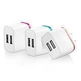 OKRAY 3 Pack 2A 10W Colorful Portable Dual USB Travel Wall Home Charger Power Adapter Plug for iPhone SE 6s Plus, iPad Air, Samsung Galaxy Note, Android, HTC, Google Nexus, Nokia(Blue Hot Pink Rose)
