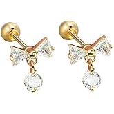 Zynova Bowknot Round CZ Dangle Stud Earrings for Women Small 16G Stainless Steel Conch Helix Rook Cartilage Studs Dainty Cartilage Piercing Jewelry