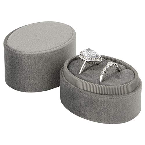 Koyal Wholesale Double Oval Velvet Ring Box, Vintage Wedding Ceremony Ring Box with Detachable Lid, 2 Piece Engagement Ring Box Holder, Proposal Idea, Slim Ring Box with Cushion (Slate Gray)