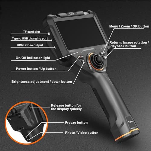 Zorlet 4-Way Articulating Borescope with 5'' Monitor, 6.2mm Borescope Camera with Light, IP68 Waterproof Endoscope Inspection Camera, 5FT Semi-Rigid Cable for Pipe, Wall & Automotive