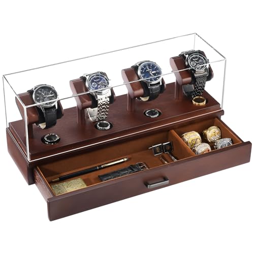 ProCase Wooden Watch Display Case, 4 Slot Watch Display Stand with Removable Acrylic Cover, Watch Case with Drawer, 2-Layer Mens Watch Box, Ring and Watch Holder Organizer for Men -Espresso