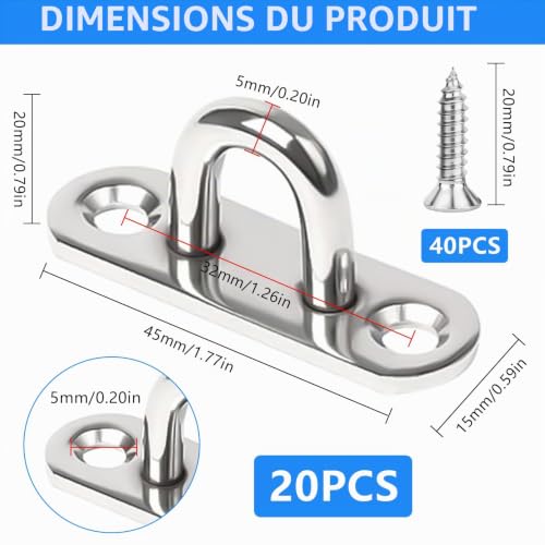 TTYSHIP 20pcs Stainless Steel Eye Plates, M5 Stainless Steel Eyelet Plate with 40 Screws for Hanging Objects, Boat Accessories