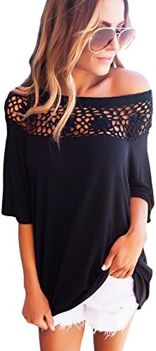 Clubdeer Women's Trendy Sexy Off Shoulder Crochet Neckline Top Blouse S-XXL (Navy/Black/White/Pink)