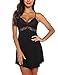 RSLOVE Sexy Lingerie for Women Lace Sleepwear Chemises V-Neck Full Slip Babydoll Nightgown Dress Black L