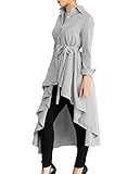 Asvivid Women's Button up Long Sleeve Asymmetrical Hem Belt Striped Shirt Blouse Tops Small Grey