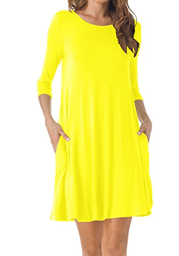 TINYHI Women's O-Neck 3/4 Sleeves Tunic Pocket Loose Casual Swing Tshirt Dress(Yellow,Large)