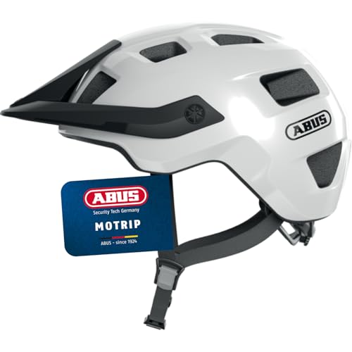 ABUS MTB-Helm MoTrip - robuster Fahrradhelm mit höhenverstellbarem Schirm für Mountainbiker - individuelle Passform - Unisex - Weiß Glänzend, M