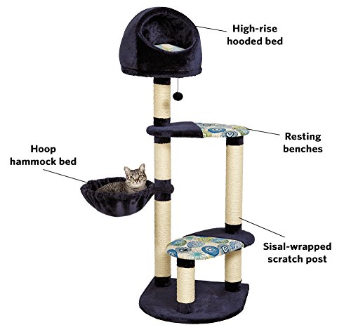 MidWest "Resort" Cat Tree / Cat Furniture, 4-Tier Cat Tree w/ Sisal Wrapped Cat Scratching Support Posts, Hanging Cat Bunker Bed & High Canopy Cat Perch, Blue / White Pattern, Large Cat Tree