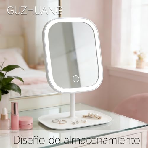 GUZHUANG Espejopara Maquillaje，con Lupa 5X ，Luces Tricolor Maquillaje con Luces，Interruptor Táctil，Portátil Espejos con Luz，Rotación de 360 Grados，con Bandeja Espejo con Aumento Y Luz (Blanco)