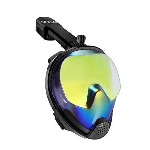 SMACO Professional Breathe Easier Panoramic Full Face Snorkeling Mask Fog-Free GoPro Compatible for Adults and Youth. (Black/UV, Large/X-Large)