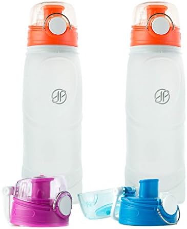 Collapsible Silicone 26oz Water Bottle (Set of 2) Flip-Top Cap - Reusable Durable Foldable Leak-Proof for Sports Camping Hiking Cycling Yoga Travel - Extra Lids Included (Clear/Orange Caps, 26oz)