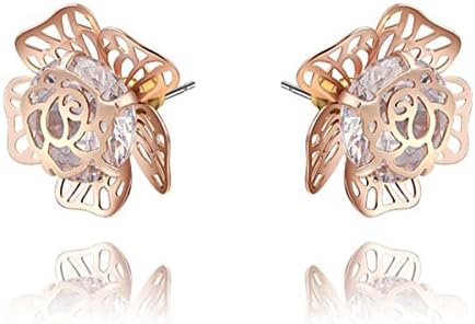 Celokiy Embedded Crystal Hollow Gold Plated Rose Flower Shaped Earrings