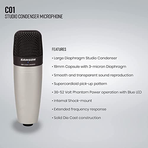 Samson C01 Large Diaphragm Condenser Microphone with Mic Stand, Pop
