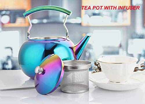 Rainbow Tea Kettle with Infuser for Loose Leaf,Stainless Steel Teapot 2 Liter Coffee Tea Pot Strainer, Colorful Teakettle for Stovetop Induction Stove Top Boiling Water 2 Quart / 68 Ounce by ROYDOM