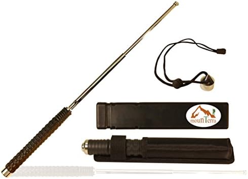 26" Expandable Stick Security Emergency Tool by mounTerra | 26 Inch Pure Steel Collapsible Tactical Tool for Safety Hiking Walking Camping with Glass Breaking Escape Tool &amp; Holster