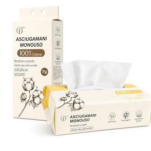 FiorDior Disposable Face Towels 100% Cotton, 300 Pieces 20 x 20 cm, 75 g/m², Dry Wipes with Pearl Texture, Soft and Durable, Fragrance Free, Dry or Wet Use