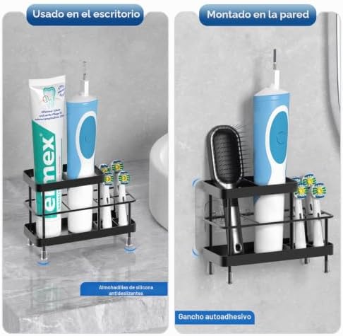 Portacepillos de Dientes para Baño, Portacepillos de Dientes Eléctricos de Acero Inoxidable para Montar en Pared, Porta Cepillo de Dientes para Ducha, Organizador de Baño, 6 Ranuras, Negro