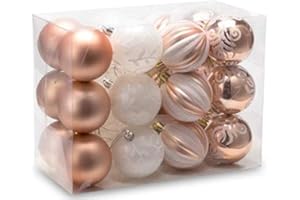 AUXO-FUN 2.36"/60mm shatterproof Christmas Ball Ornaments Tree Decoration Baubles Set of 24 Counts (Rose Gold & White)