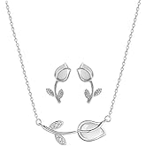 RTY Opal Tulip CZ Leaf Choker Necklace Dainty Rhinestone Flower Stud Earrings Women Prom Wedding Jewelry Set