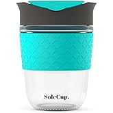SoleCup. - Reusable Strengthened Glass Travel Cup - Spill Proof Insulated Coffee Mug - 12oz/340ml BPA-Free Hot Drink Travel Mug with Lid & Silicone Band (Gray and Blue, 12oz)