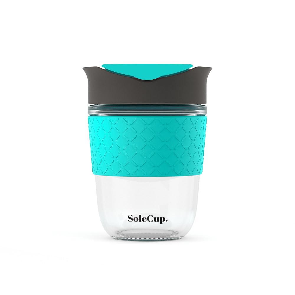 SoleCup. - Reusable Strengthened Glass Travel Cup - Spill Proof Coffee Mug - 12oz/340ml BPA-Free Hot Drink Travel Mug with Lid & Silicone Band (Grey and Blue, 12oz / 340ml)