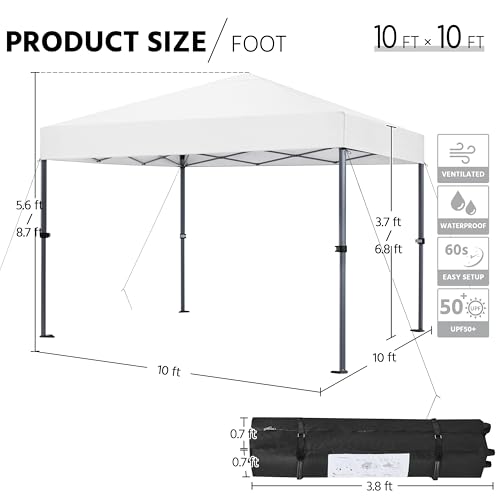 Yaheetech 10x10 1-Person Setup Pop Up Canopy Tent, Instant Portable Commercial Canopy Tent, Outdoor Gazebo with 1-Button Push, Wheeled Bag & 4 Sandbags for Home, Party & Outdoor Activities, White