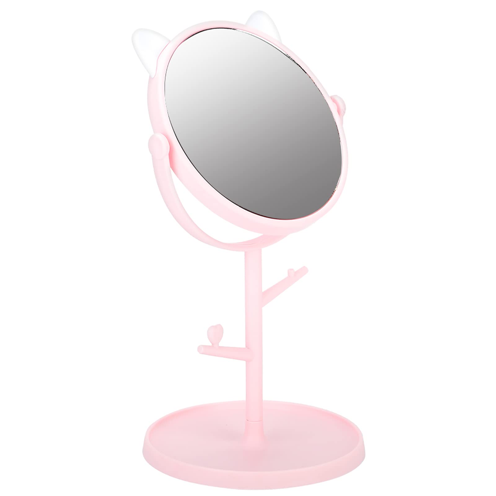 Desktop Makeup Mirror, Cute Cosmetic Mirror, Cat Ears Shaped Household Rotatable Cosmetic Mirror Vanity Mirror Beauty Mirror with Base & Hanging Rod for Bathroom Bedroom(Pink)