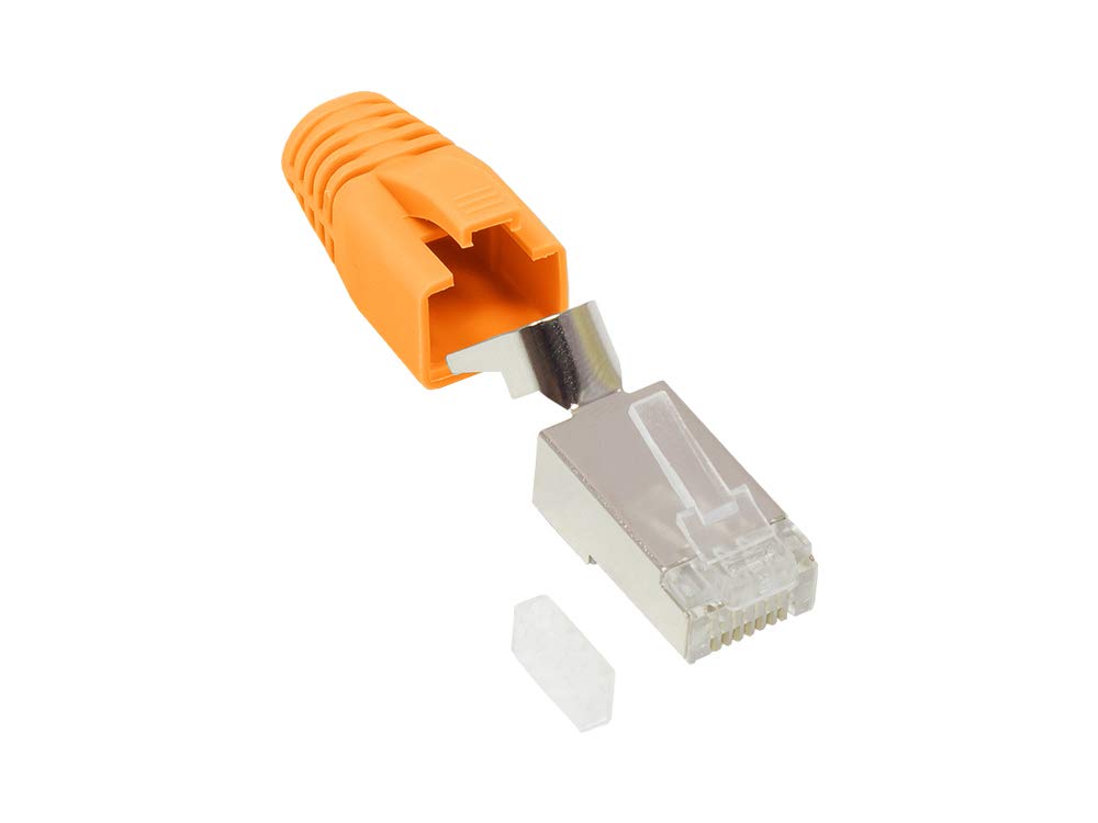 Good Connections RJ45 Network Connector Cat.6A Economy Set of 50 Shielded Plugs with Strain Relief and Threading Aid Orange