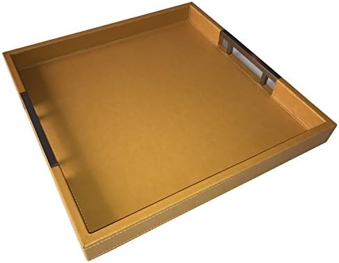 Leather Decorative Tray,Metal Handle, Square (15 x 15 x 1.5"), Modern Serving, Serving, Vanity, Office Organization Tray (Yellow)
