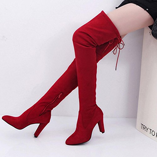 Tenworld Women's Faux Leather Thigh High Over The Knee Chunky Heel Long Boots (4.5, Red) - Thumbnail 5