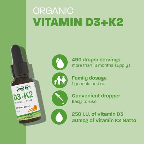 Certified Organic Vitamin D3 & K2 (MK7-Natto) - Bones & Immune Support Drops - Non-GMO - Gluten-Free - Fast Absorption - Liquid Supplement - Made in Canada - 490 Drops - 13.5 ml (Pack of 2)
