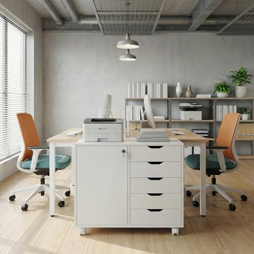 Simple Wisdom Archivero Organizador con 5 Cajones,Archivero con Llave de Oficina con Estantes Ajustables y Ruedas,Soporte para Impresora para Oficina en Casa(Blanco)