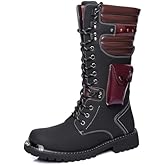 QKLMWES Men's Leather High Top Lace Up Motorcycle Boots Mid-Calf Military Tactical Combat Boot Buckle British Metal Biker Riding Punk Rock Backpacking Shoes